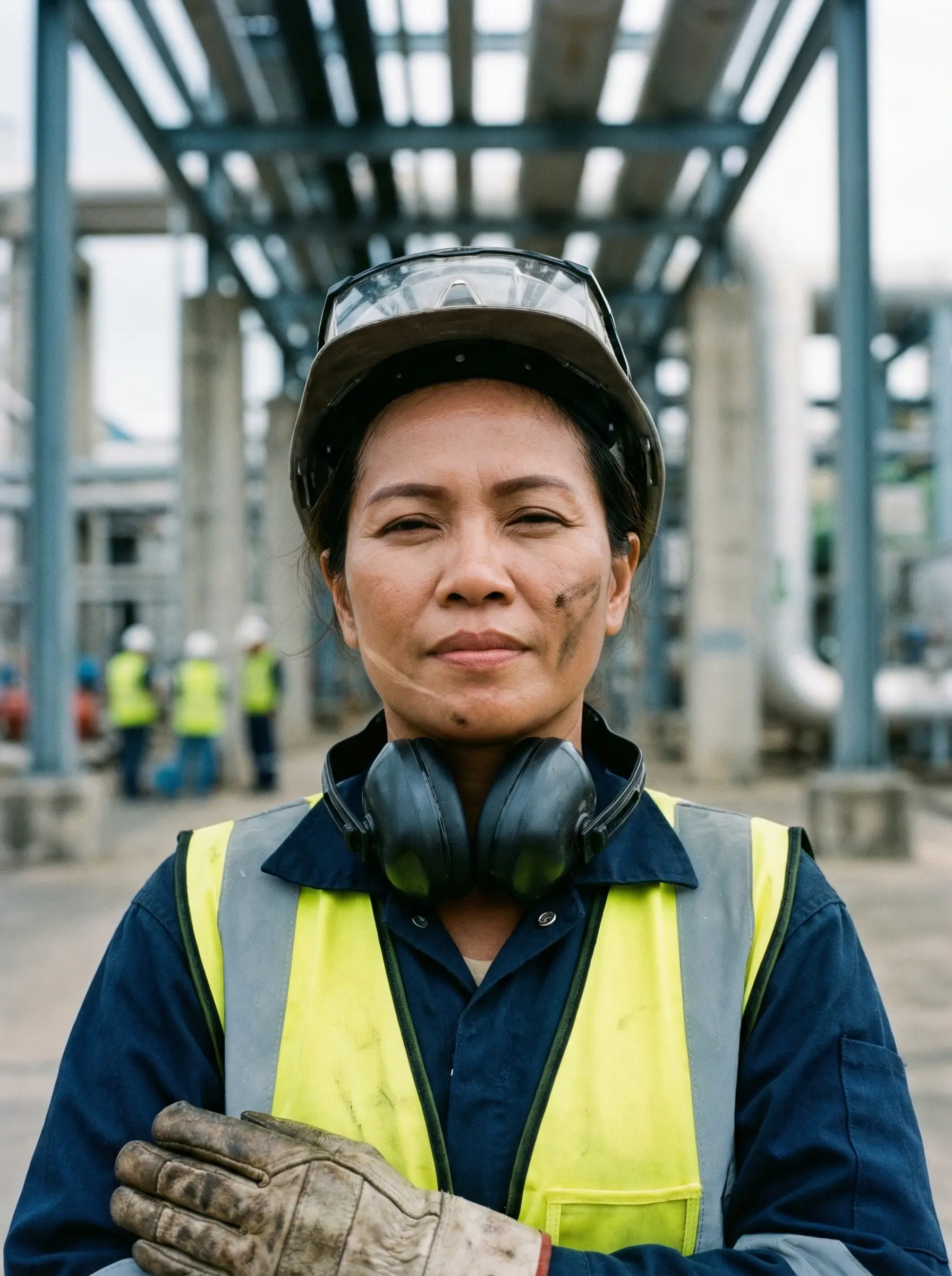 SHOT: Tight portrait, head and shoulders, subject looking directly at camera. Industrial background in soft blur.

SUBJECT
A factory worker — a woman in her forties, Southeast Asian. Dark blue coverall with high-vis yellow vest, hard hat pushed back, ear protection around neck. Safety glasses pushed up on forehead. Grease smear on right cheek. Hair pulled back under the hard hat.

Skin shows the particular tan of partly outdoor work — darker on face and neck V, lighter where coverall covers. Her hands at lower frame edge wear heavy leather work gloves with worn fingers.

Expression: Directly at camera — not smiling, not stern, the neutral confident gaze of someone good at a physically demanding job and who knows it. Slight squint — habitual from bright conditions.

SCENE
Behind her (soft focus): Industrial infrastructure — steel beams, concrete, piping. The scale dwarfs her. A few other workers as distant blurred figures in matching hi-vis.

CINEMATOGRAPHY
Lighting: Overcast industrial daylight — flat even light of an open-sided factory. Face lit evenly, no dramatic shadows. Hard hat brim casts subtle shadow on forehead. The hi-vis vest is the brightest element — glowing fluorescent yellow.
Tone: Industrial blue-grey background, yellow hi-vis accent, natural skin warmth.

STYLE
Dignity of labor — the worker as center of industrial scale.
No text, no signage, no writing, no logos, no watermarks.