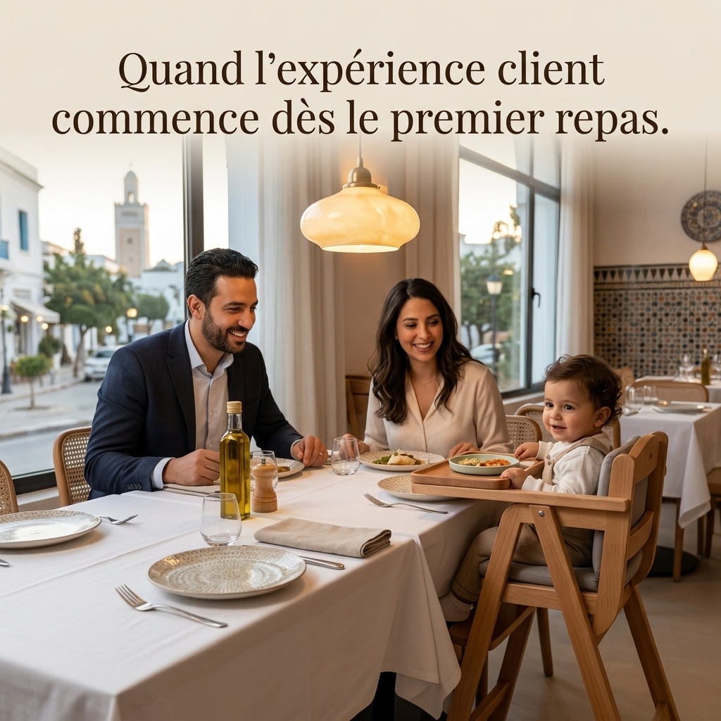 Famille installée au restaurant avec chaise Nidou