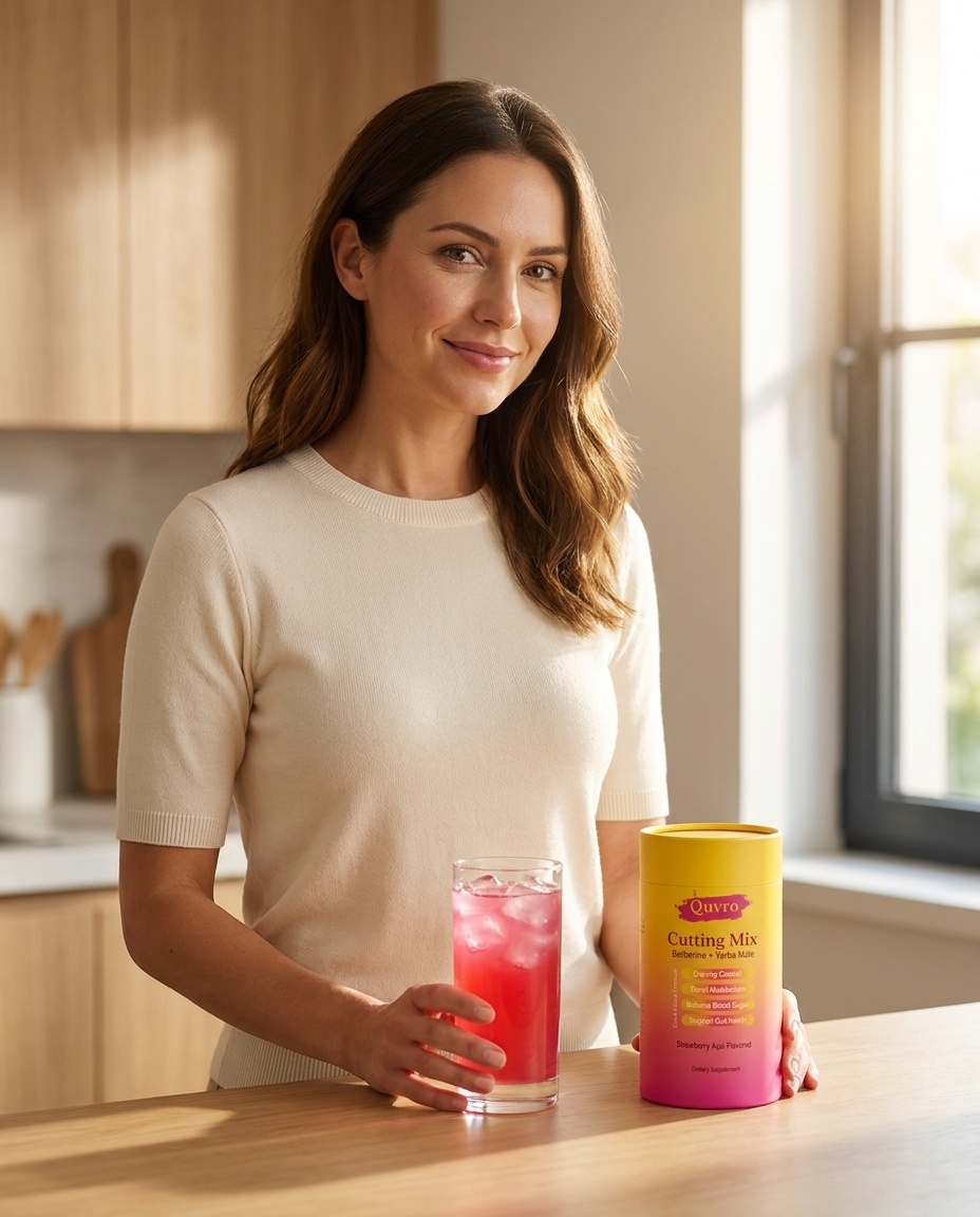 Woman enjoying Quvro strawberry acai drink in a bright kitchen