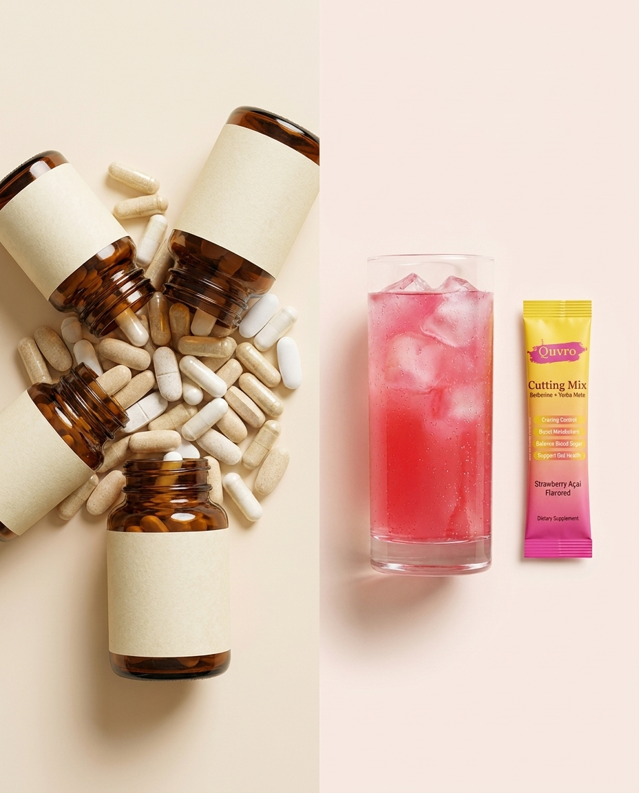 A pile of capsules versus one Quvro drink