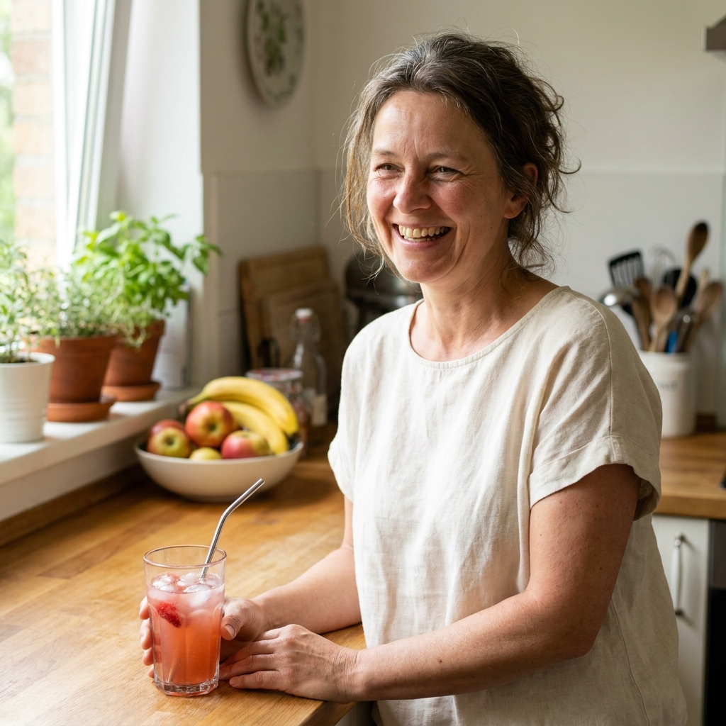 Woman in her 50s with a glass of Quvro in a sunlit kitchen