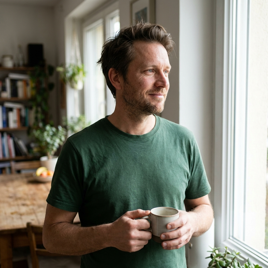 Man by a sunlit window in the morning