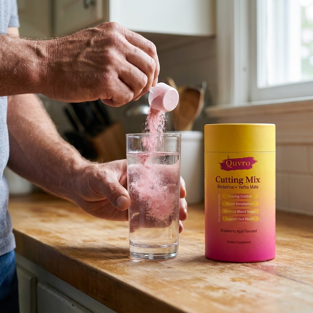 Mixing a scoop of Quvro into a glass of water