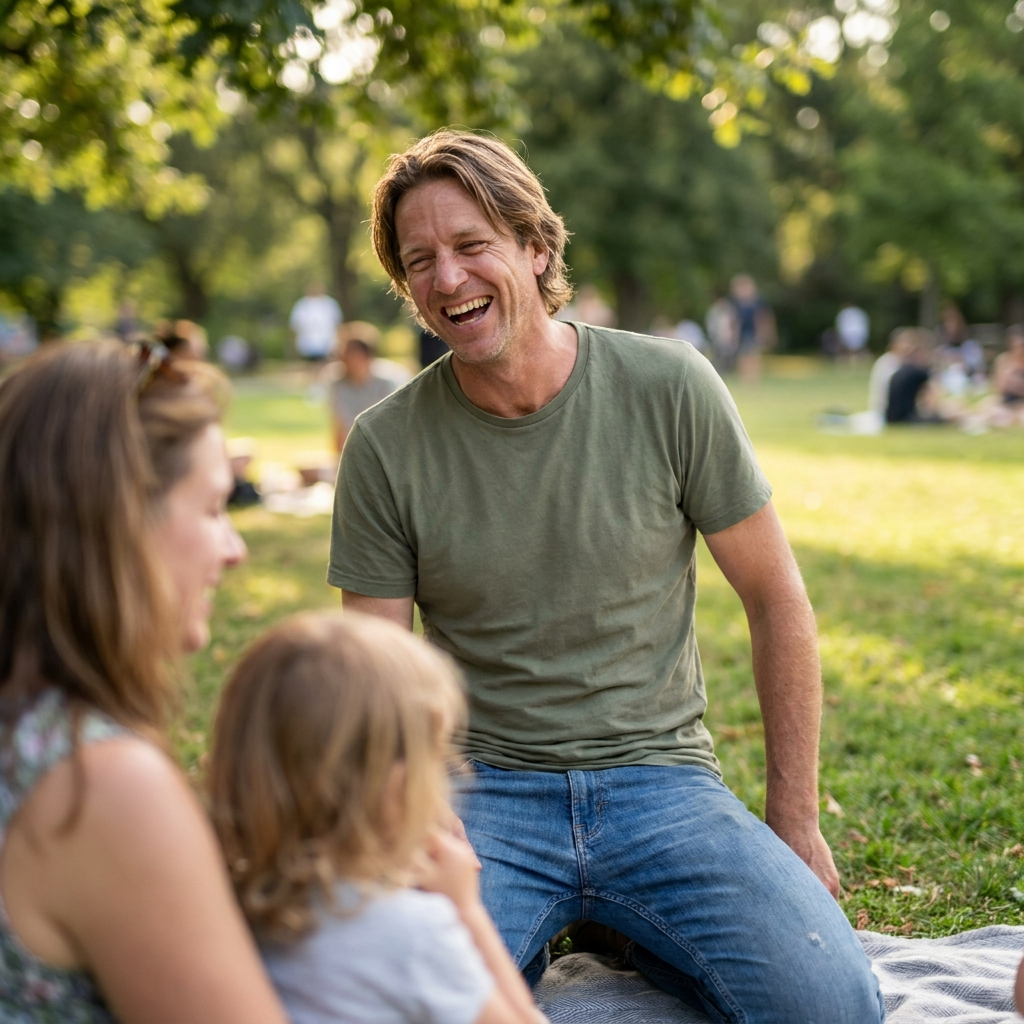 Laughing with family outdoors