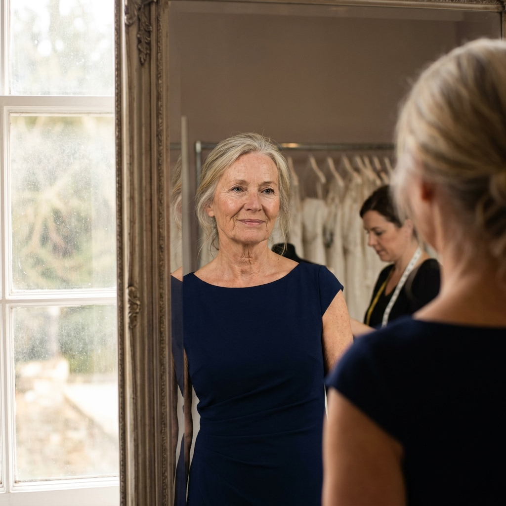 Woman in her 50s at a dress fitting