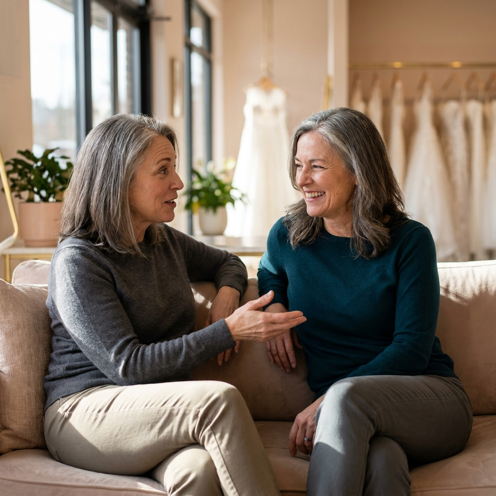 Two women in their fifties talking at a boutique