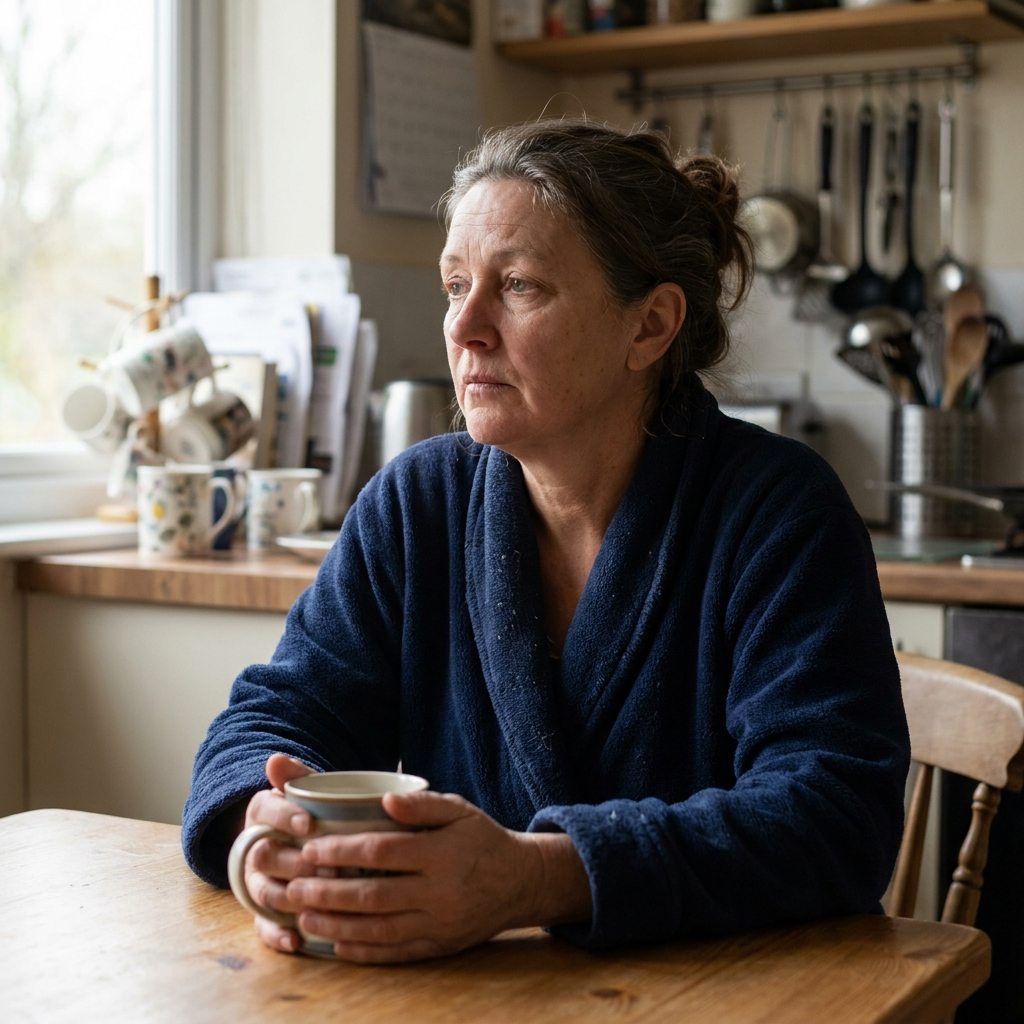 Woman in her late forties at her kitchen table in the morning