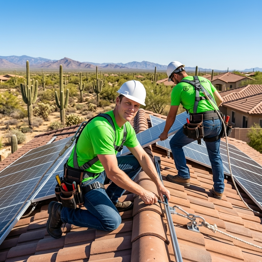 GreenTag electricians installing solar panels on an Arizona tile roof