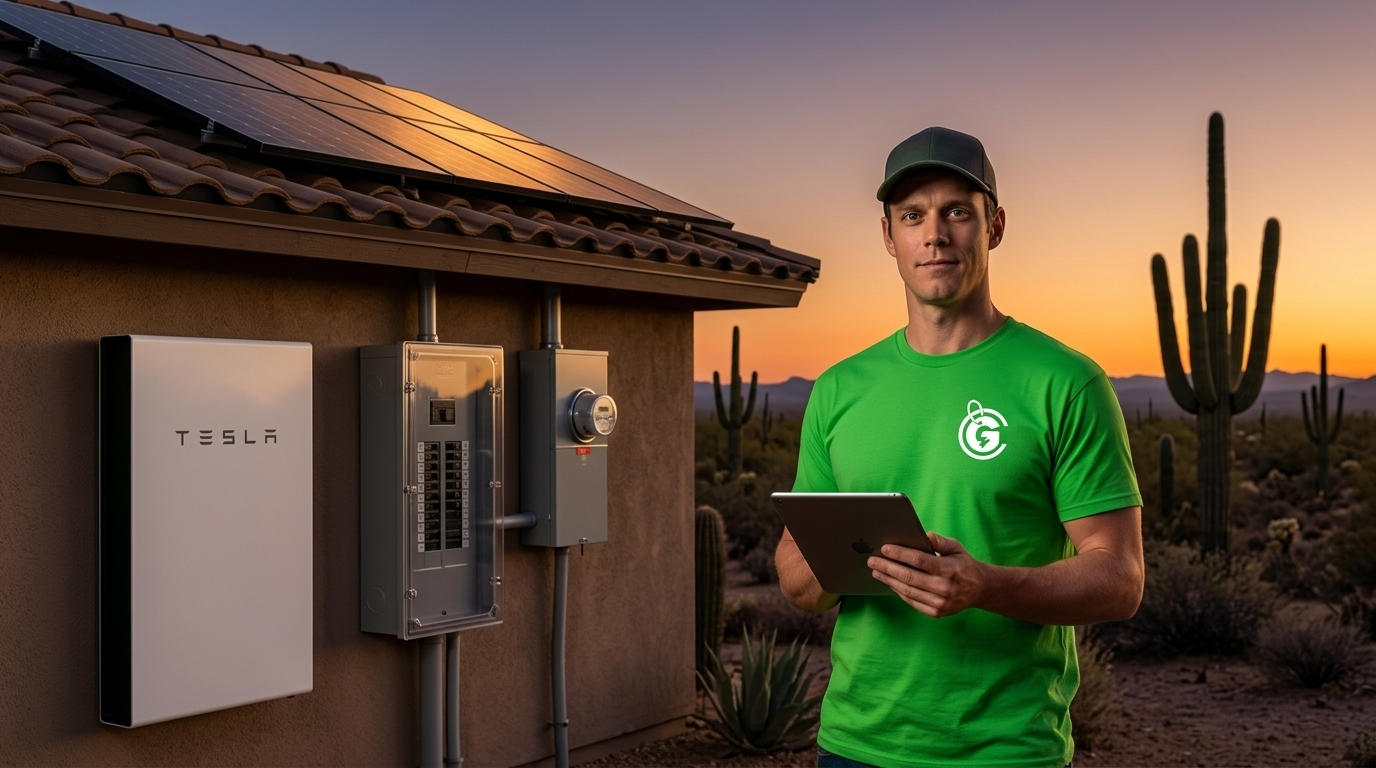 GreenTag electrician reviewing a completed solar and battery installation at dusk