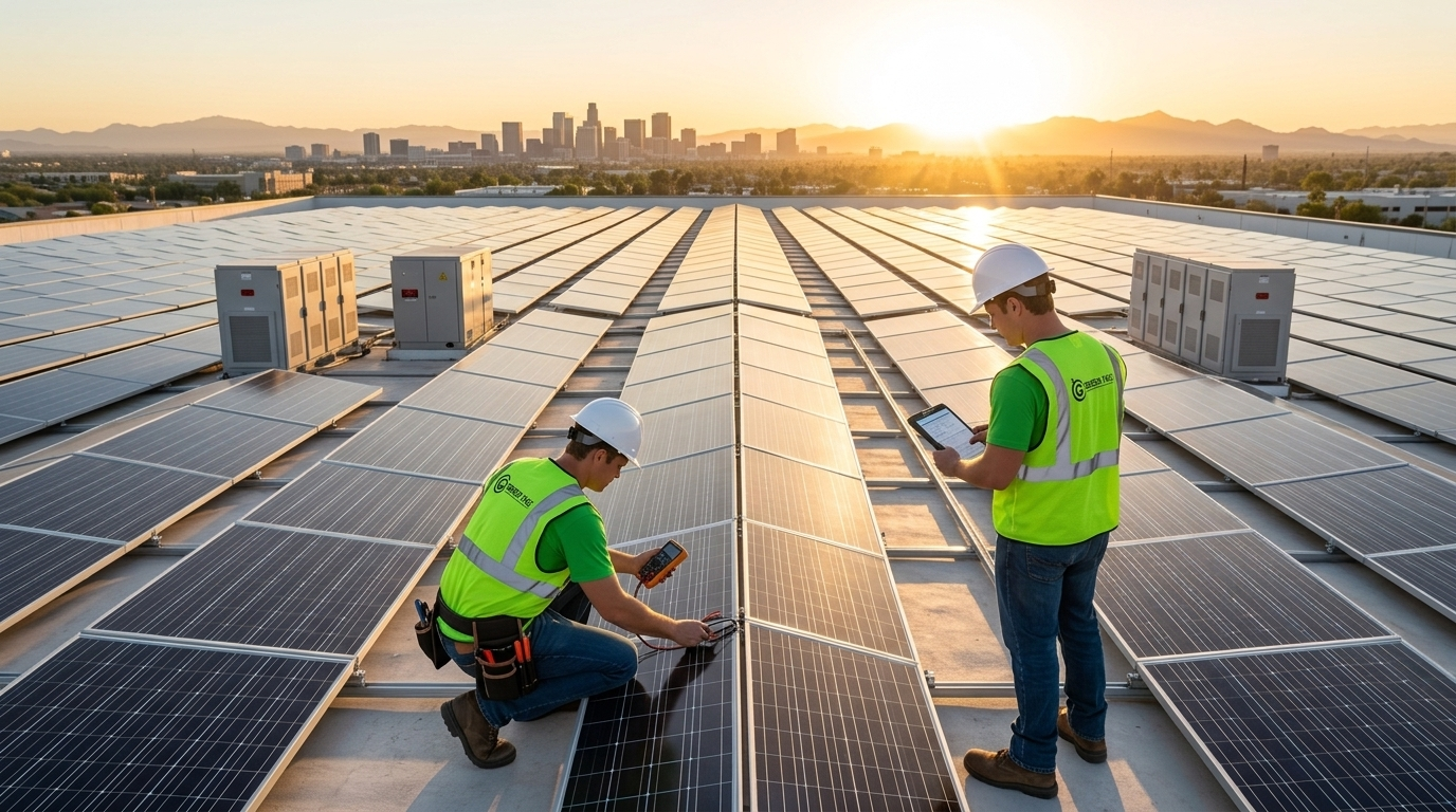 Commercial rooftop solar array with battery storage at golden hour