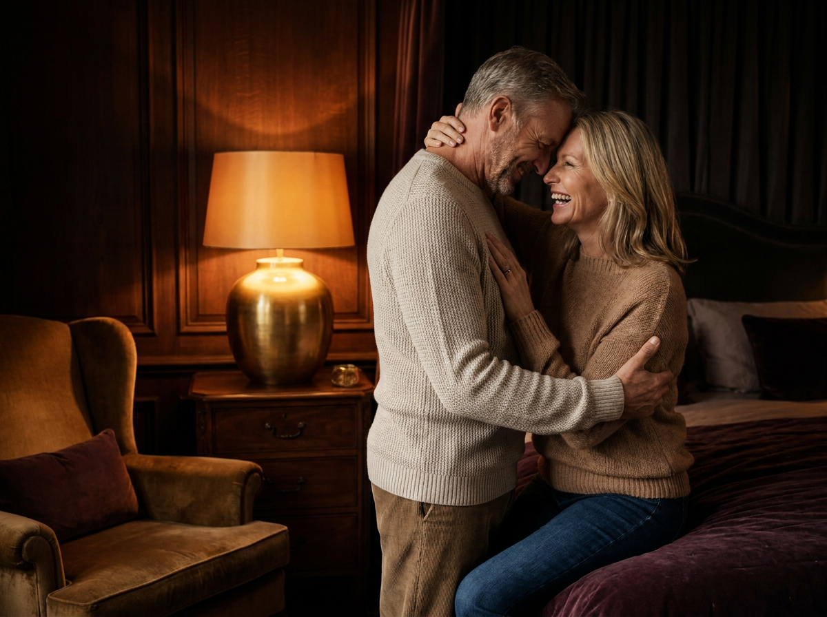 A mature couple close and laughing together
