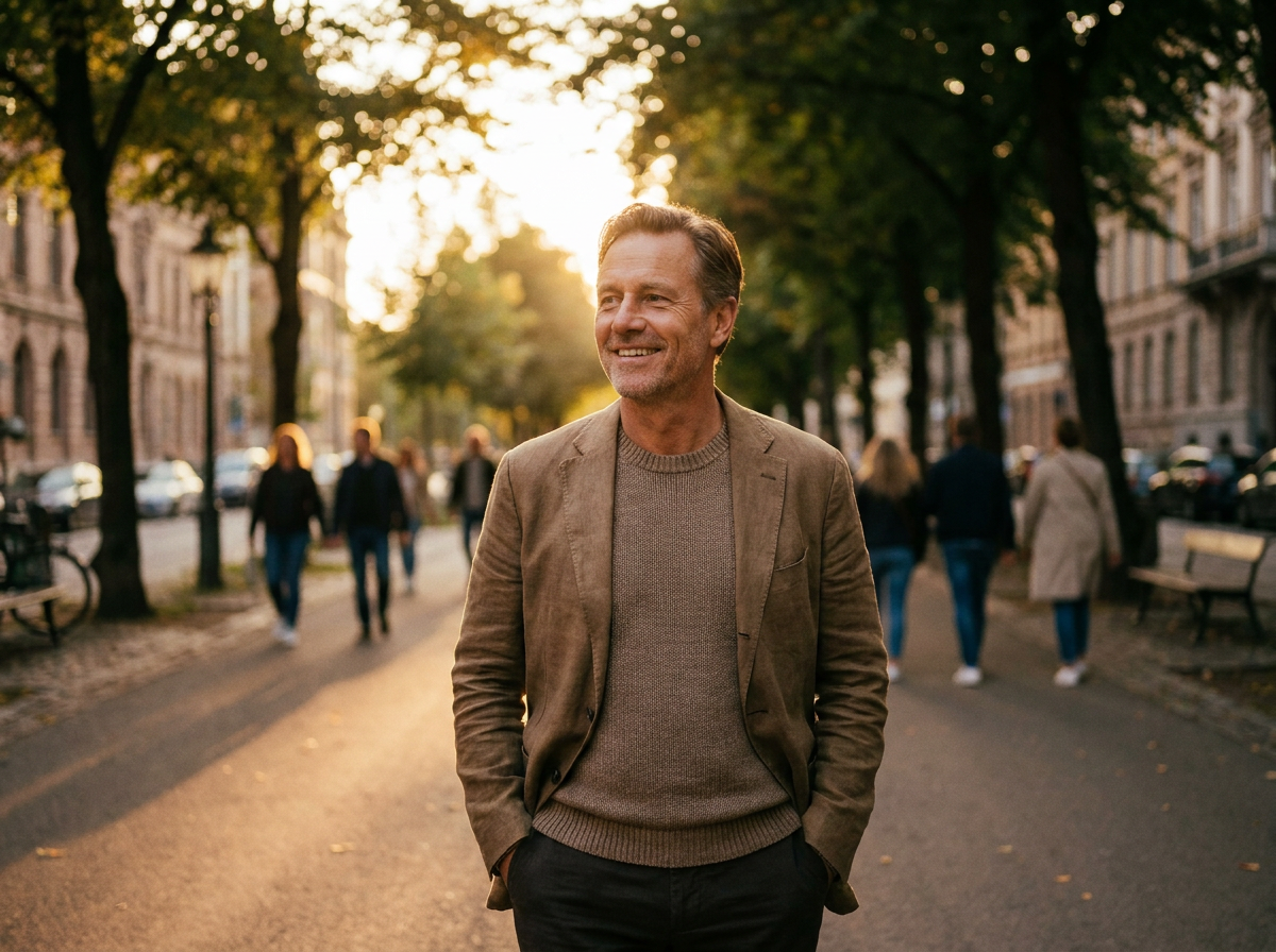 A relaxed confident man outdoors at golden hour