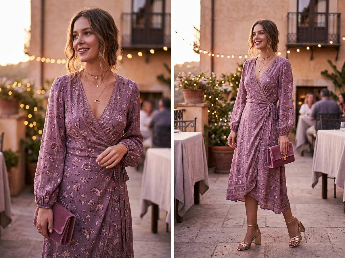 Wrap dress styled for date night with heels and a clutch
