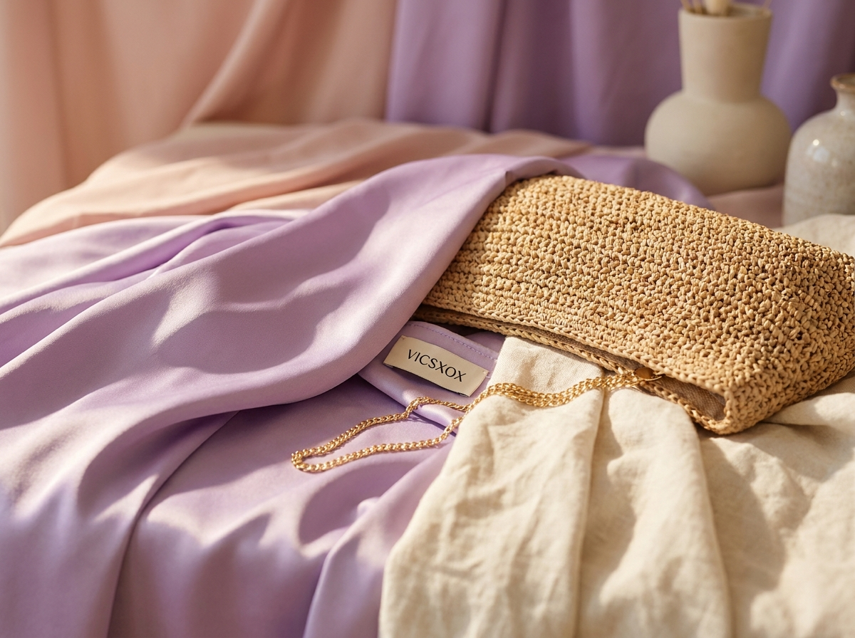 Close-up of satin, straw, and linen textures for boho-luxe wardrobe styling