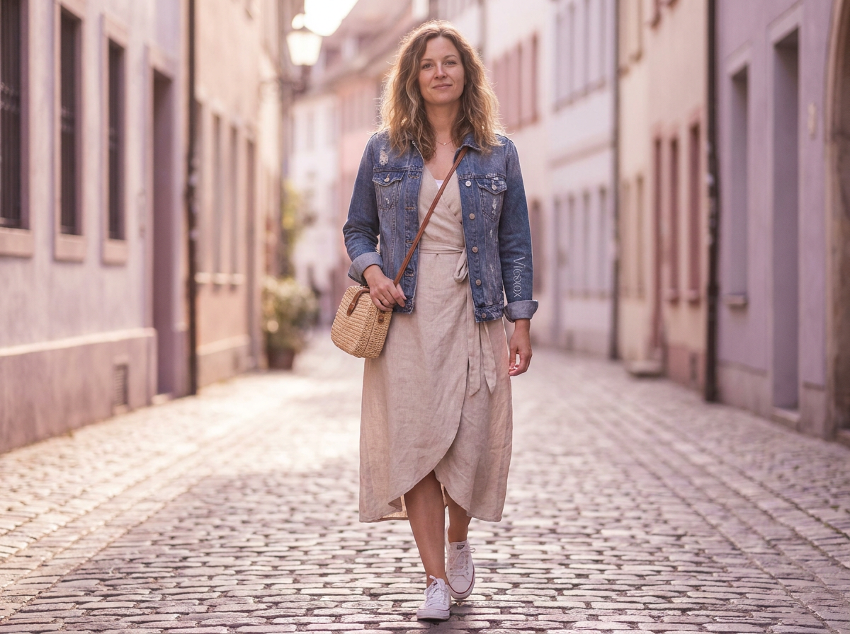 Wrap dress styled casually with a denim jacket and white sneakers