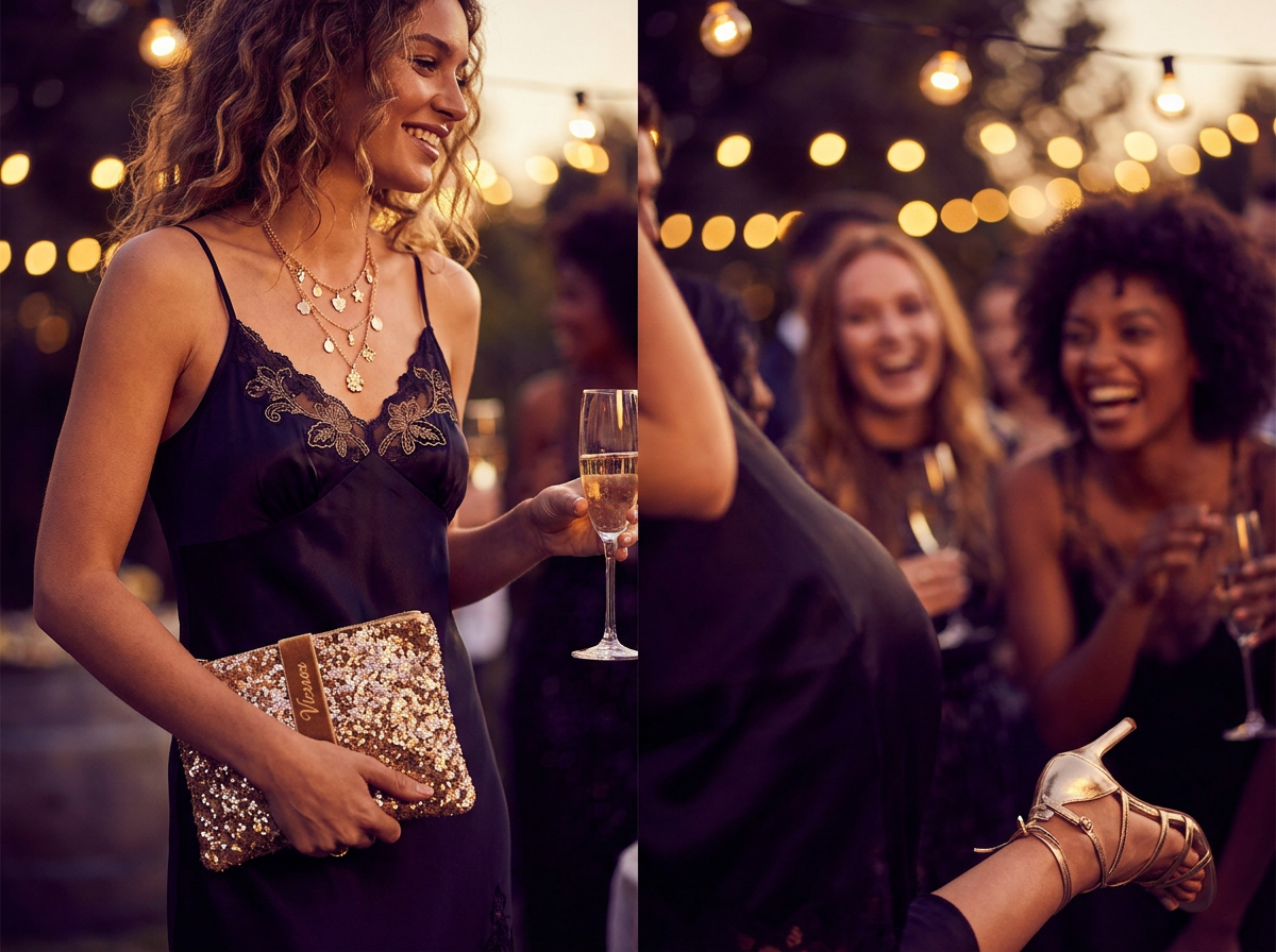 Little black dress styled for a party with layered necklaces and a metallic clutch