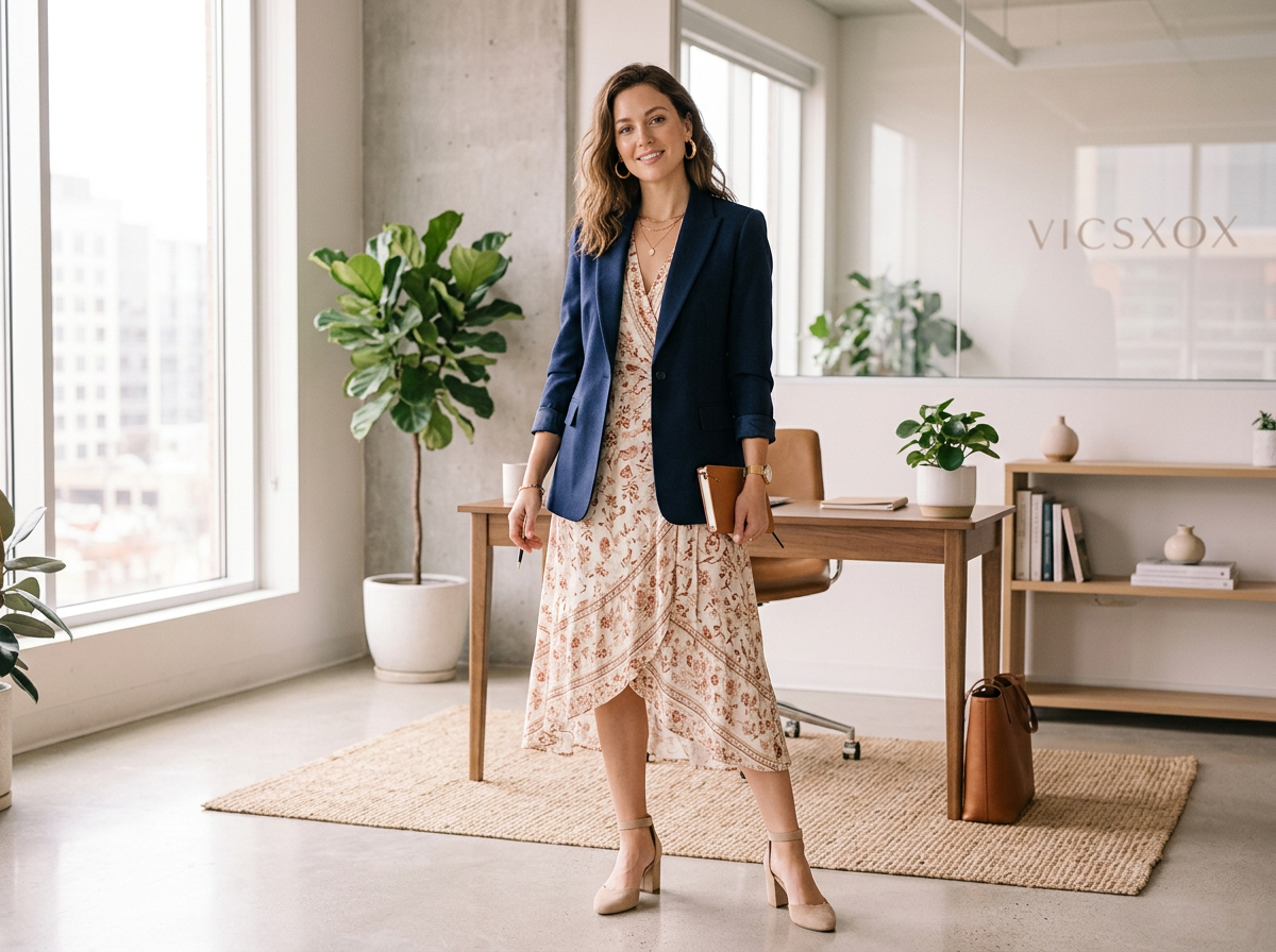 Wrap dress styled for the office with a blazer and block heels