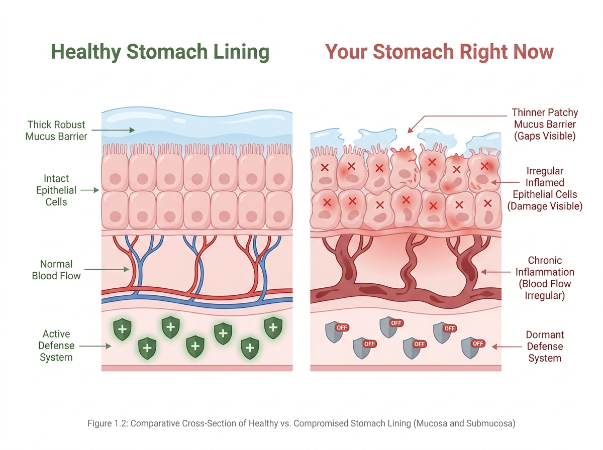 Healthy stomach lining vs damaged stomach lining
