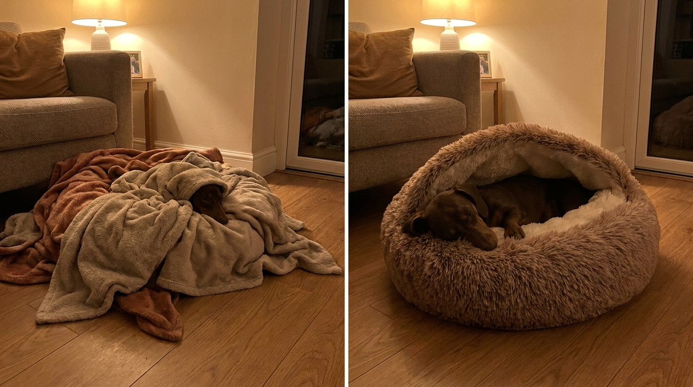 Before and after: blanket pile versus the Dachshund Den