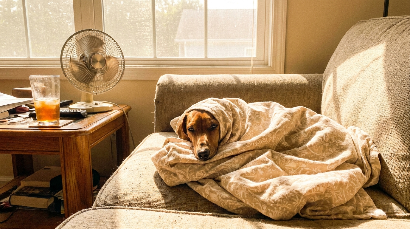 Dachshund under a blanket in a warm sunlit room