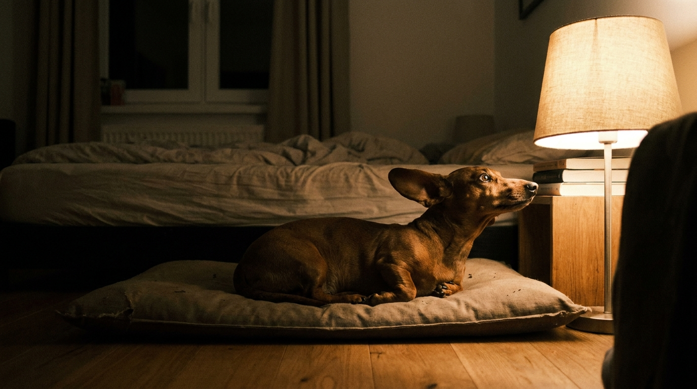 Restless dachshund awake at night on a flat open bed