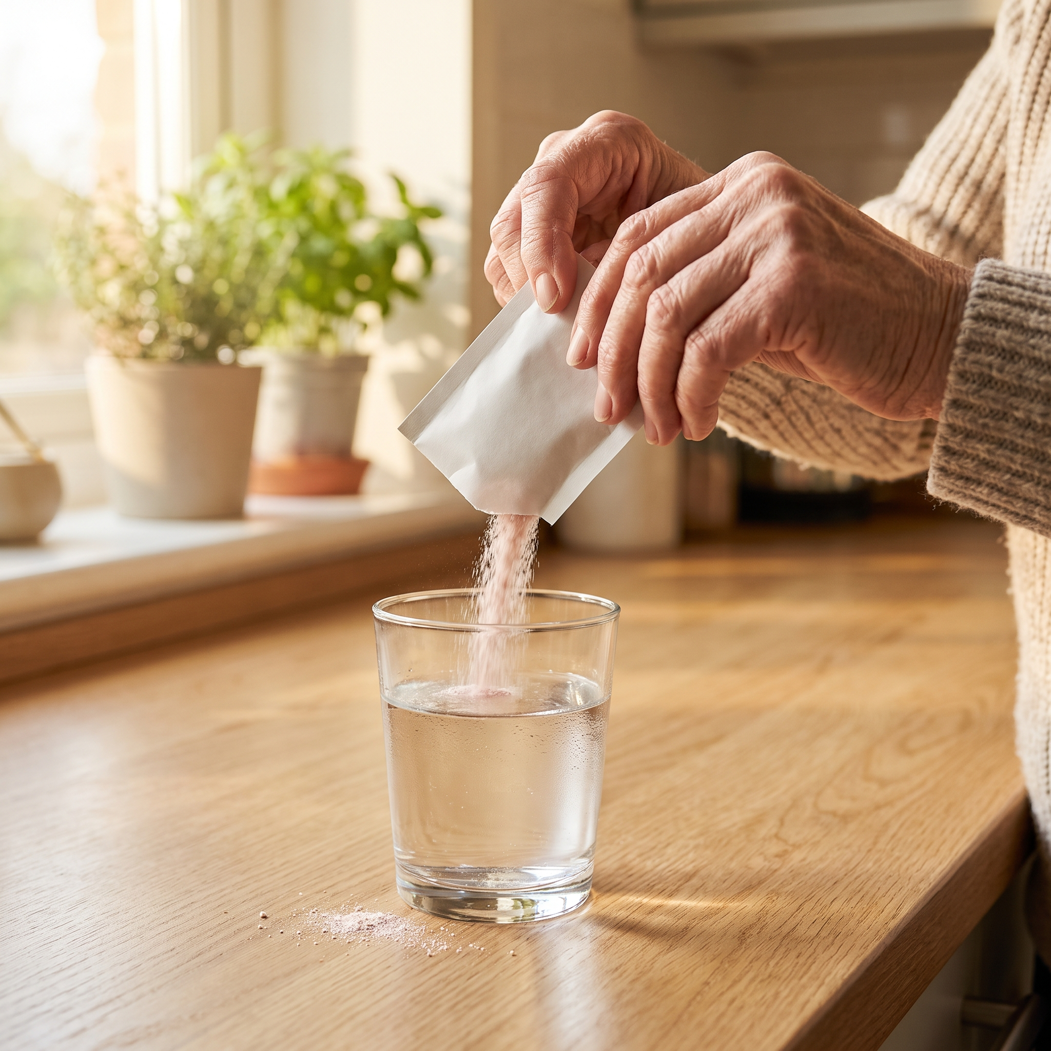 Hands tearing a Truvale Daily Regularity sachet into a glass of water