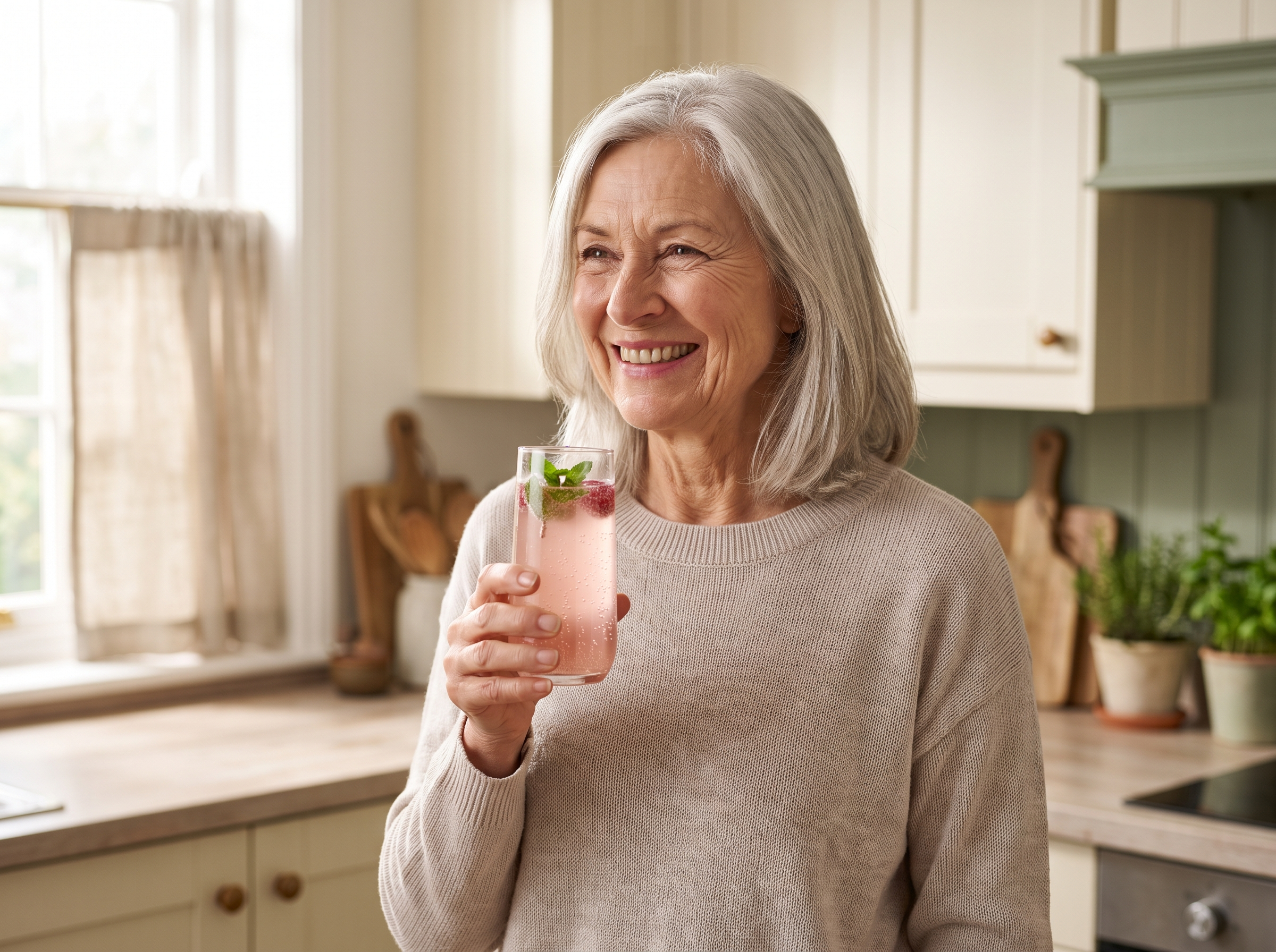 Woman in her late 60s standing in a bright kitchen holding a raspberry drink