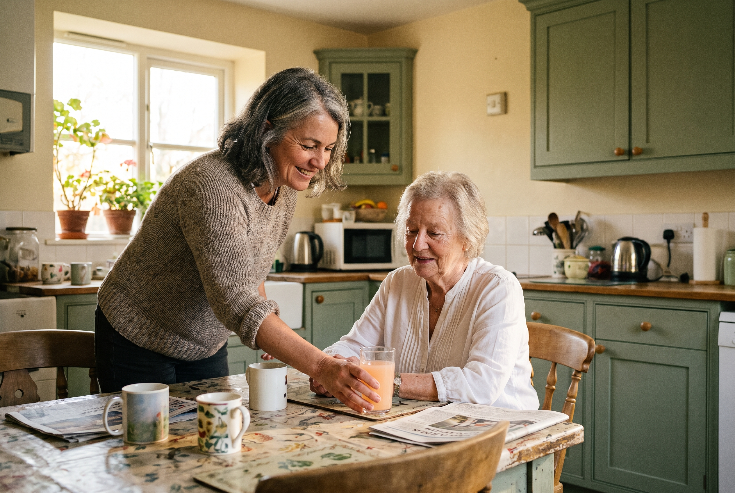 Adult daughter and her mother sitting together at a kitchen table sharing a drink