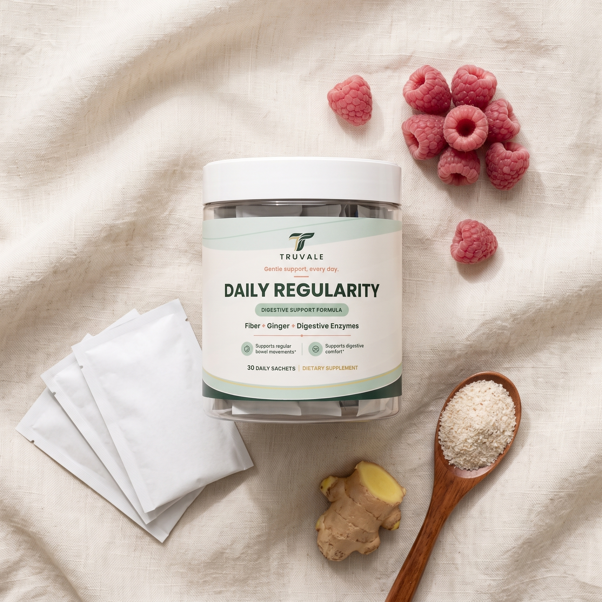 Overhead flat lay of Truvale Daily Regularity jar with sachets, raspberries, ginger and psyllium