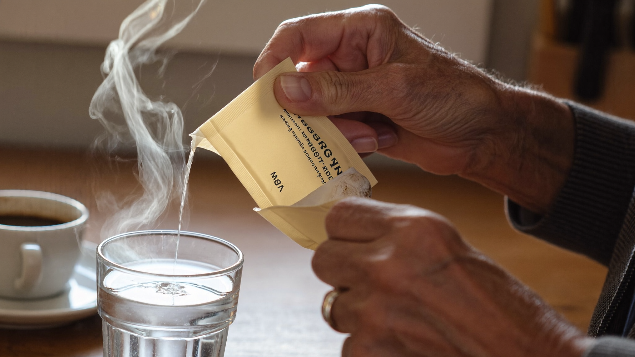 A sachet being poured into a glass of water on a kitchen counter