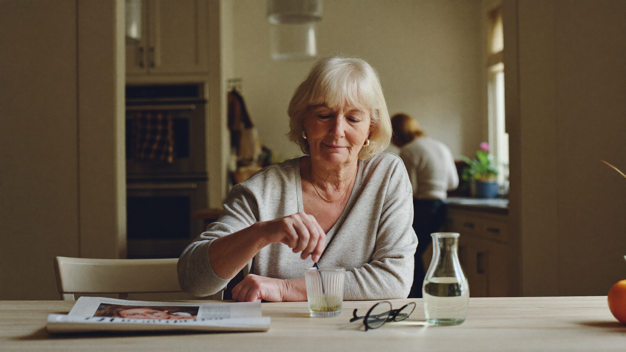 Woman calmly stirring a glass of water at her kitchen table in the morning