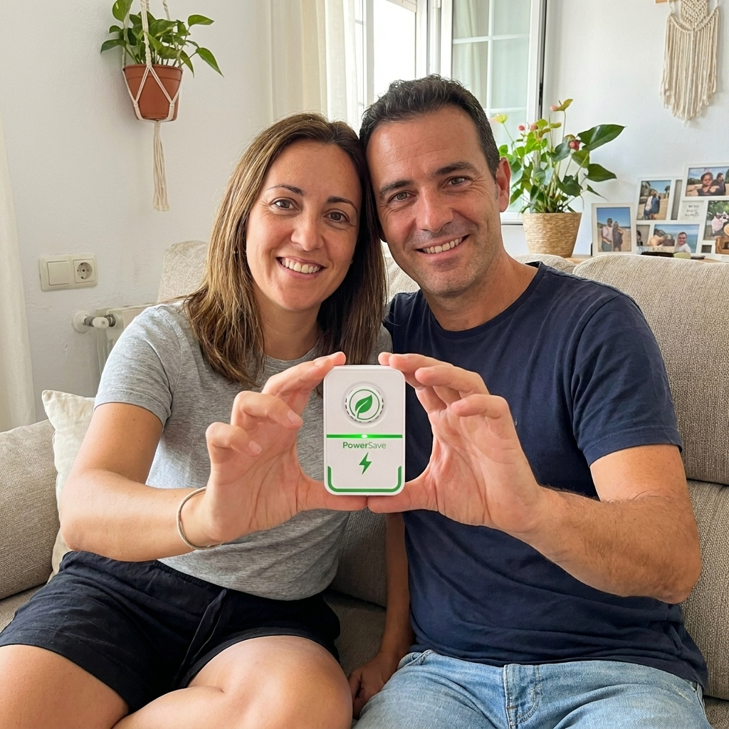 Pareja en su sofá sujetando juntos el PowerSaver