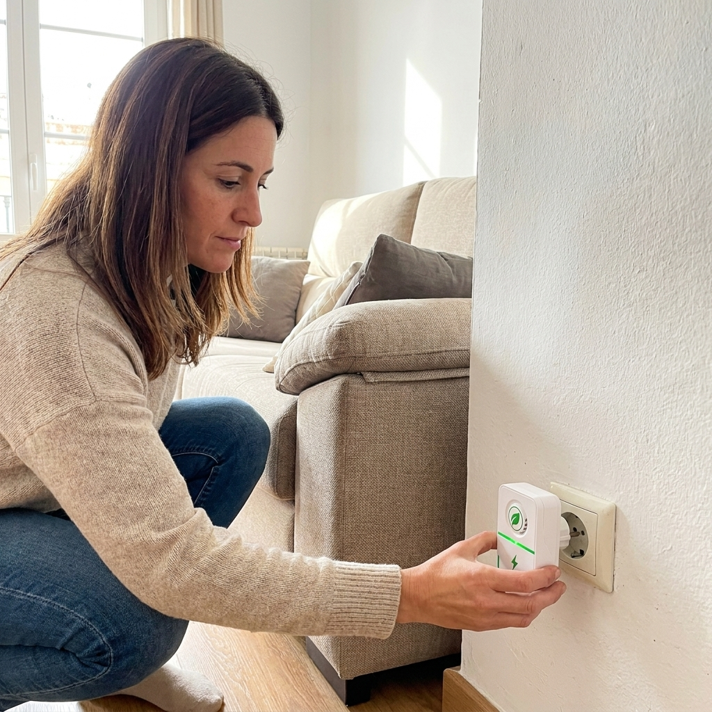 Clienta enchufando el PowerSaver en una toma de la pared del salón