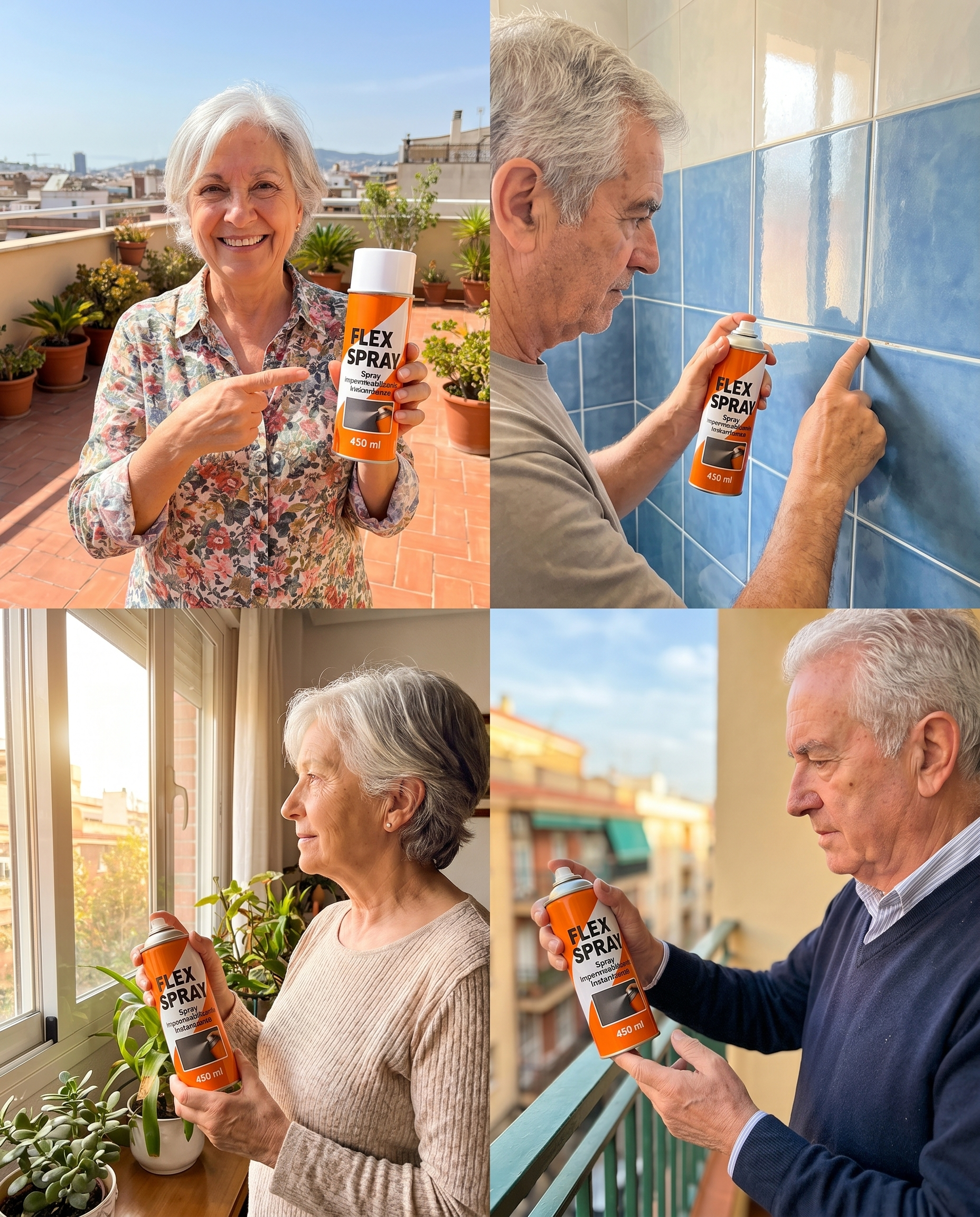 Personas mayores usando FlexSpray en su terraza, baño, ventana y balcón