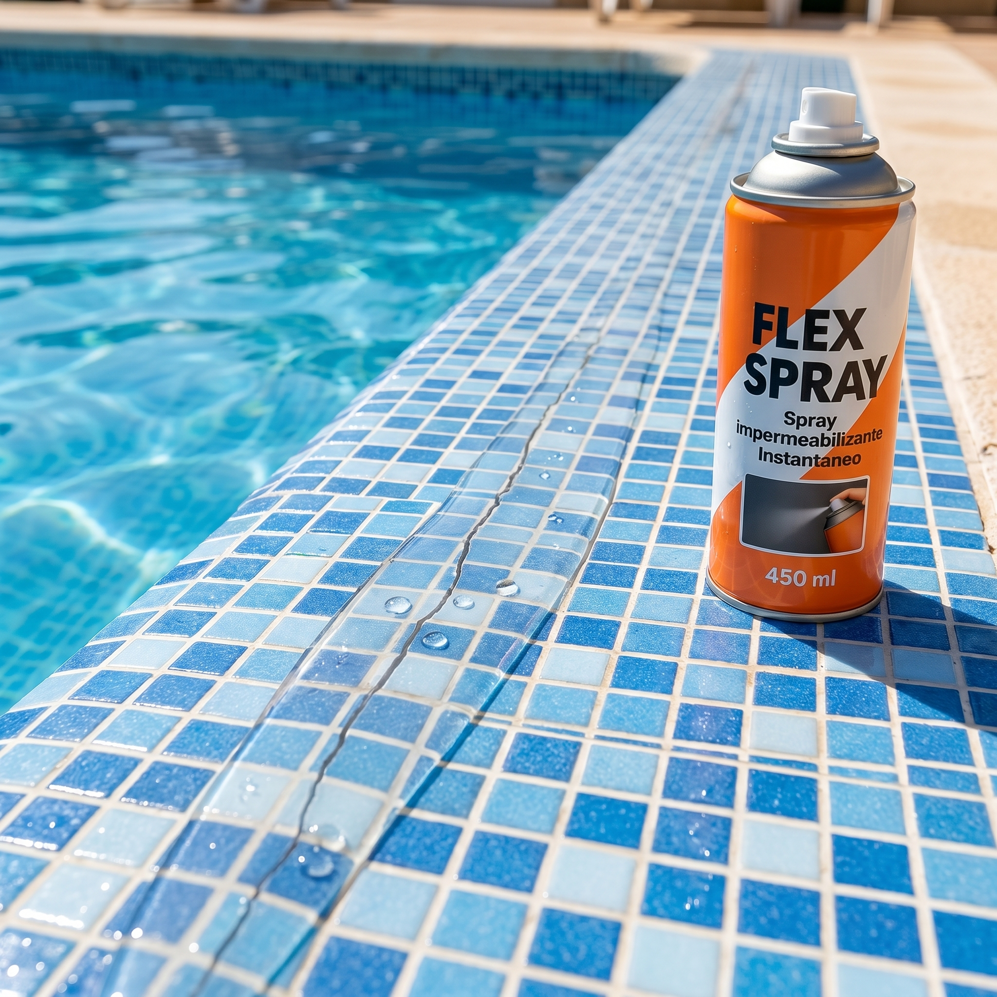 FlexSpray sellando una fisura en el borde de una piscina