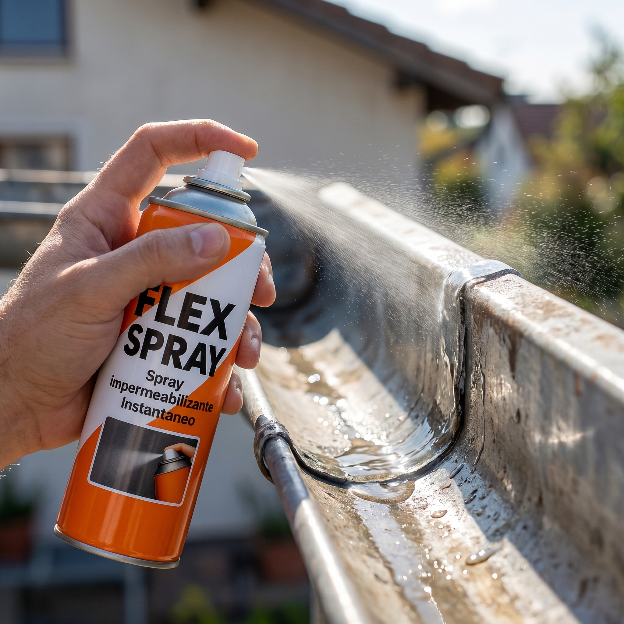 Rociando FlexSpray sobre la unión de un canalón