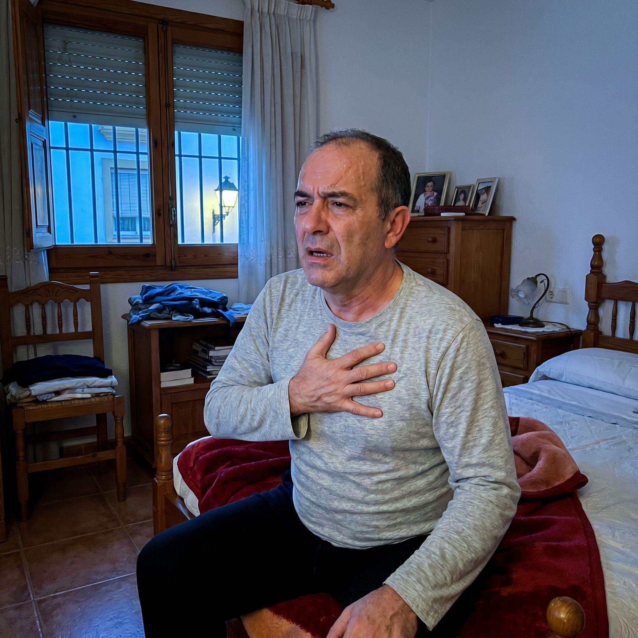 Hombre despierto de noche con la mano en el pecho y la boca abierta por falta de aire