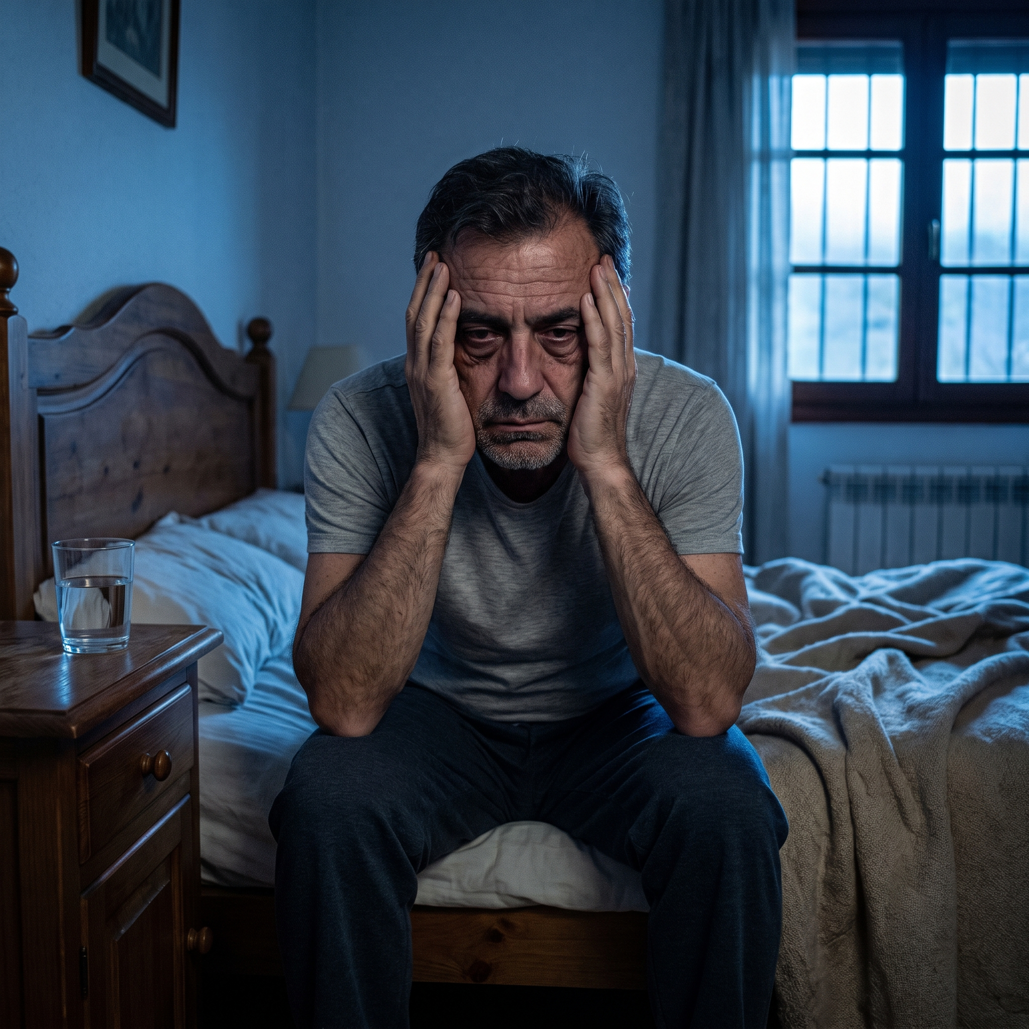 Hombre agotado con la cabeza entre las manos por dormir a trompicones