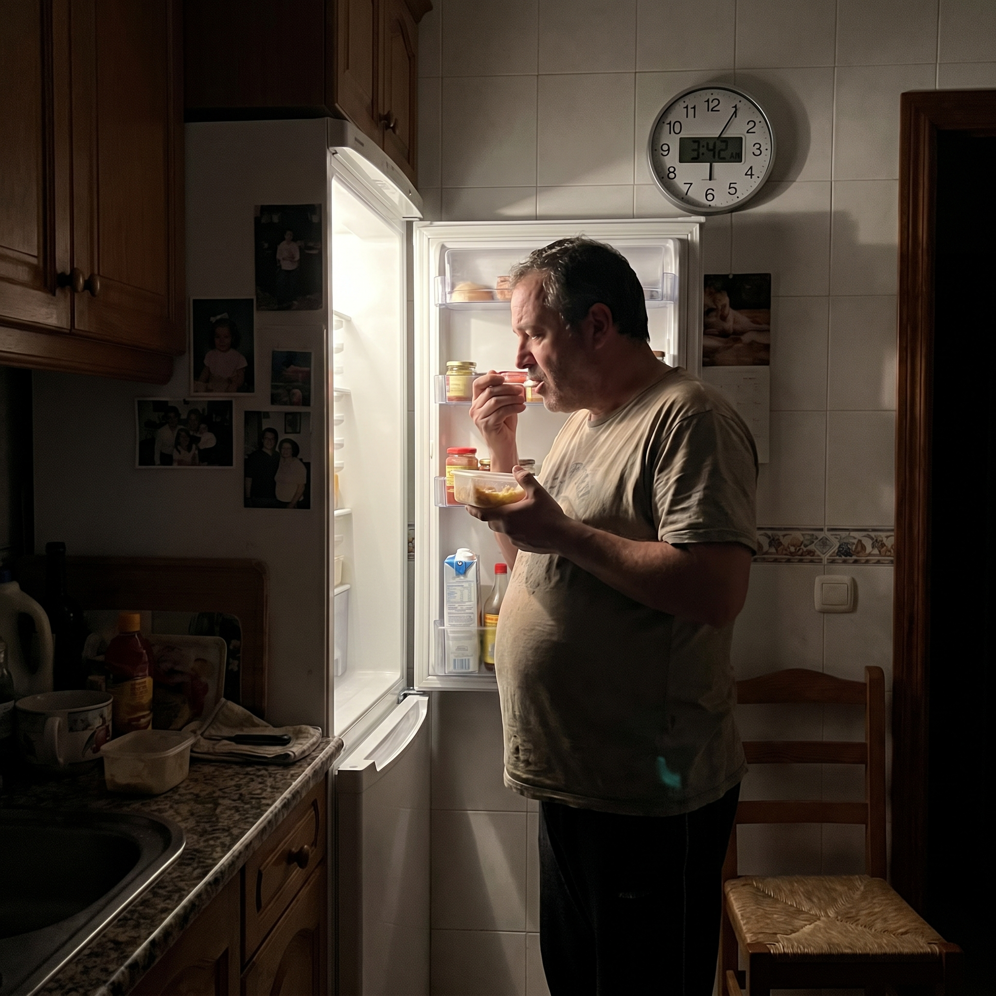 Hombre con antojos nocturnos frente a la nevera por el mal descanso