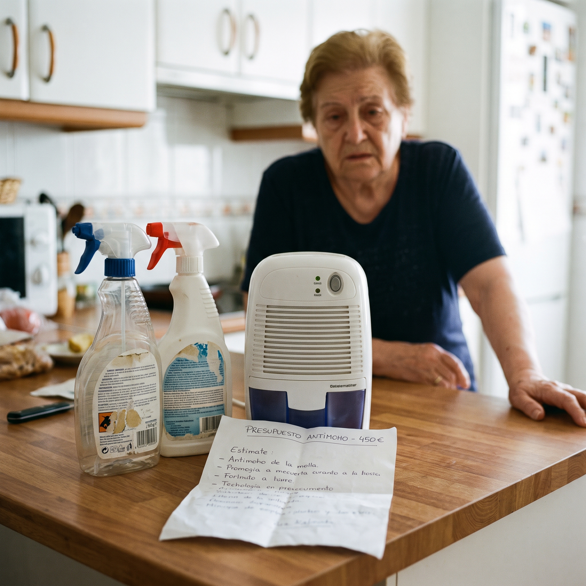 Encimera con botes de antimoho vacíos, deshumidificador y un presupuesto