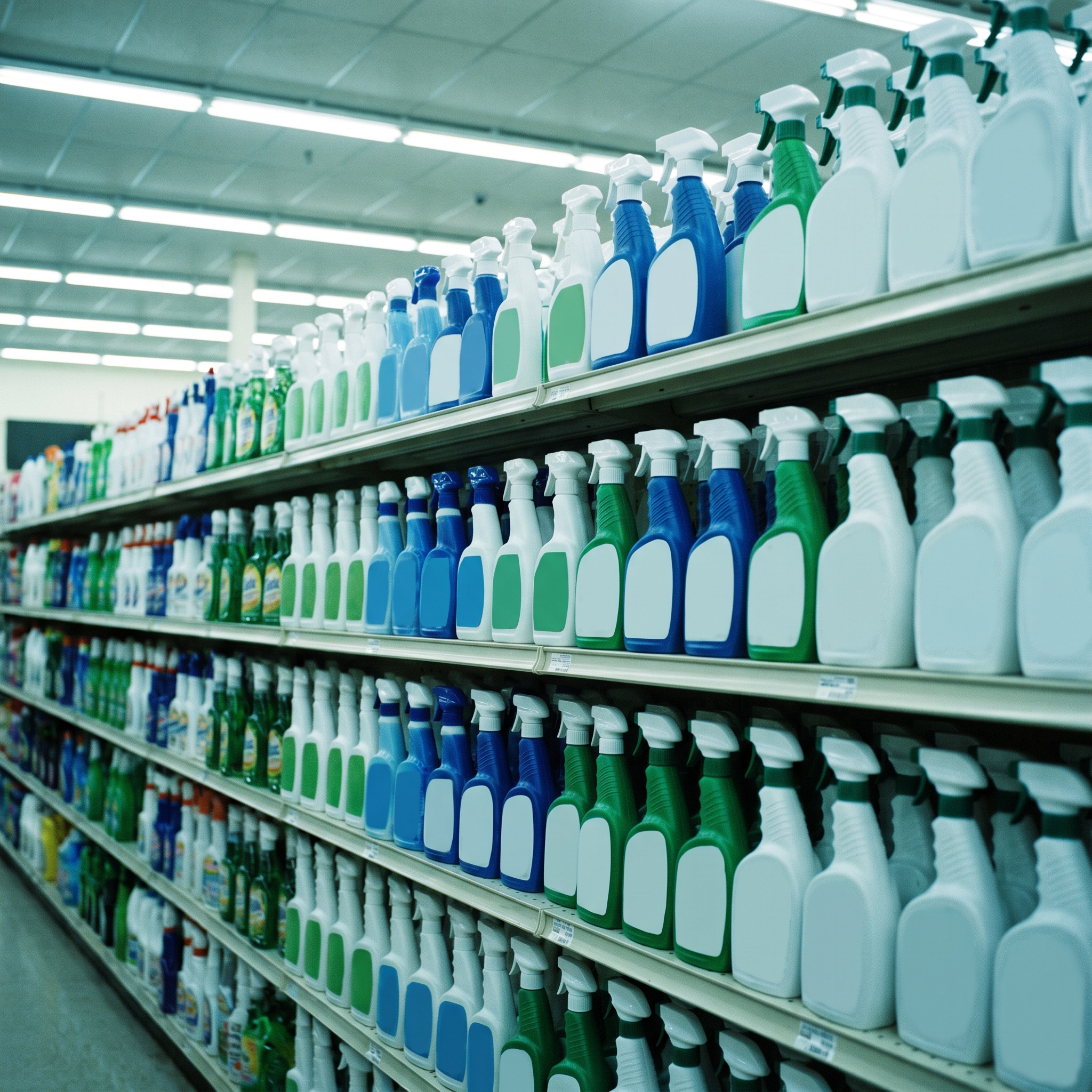Estante de supermercado lleno de sprays antimoho genéricos