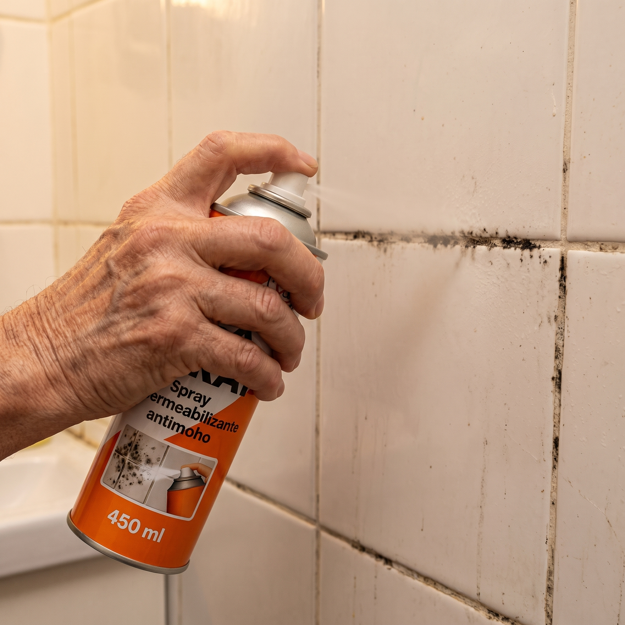 Mano rociando FlexSpray sobre una junta con moho