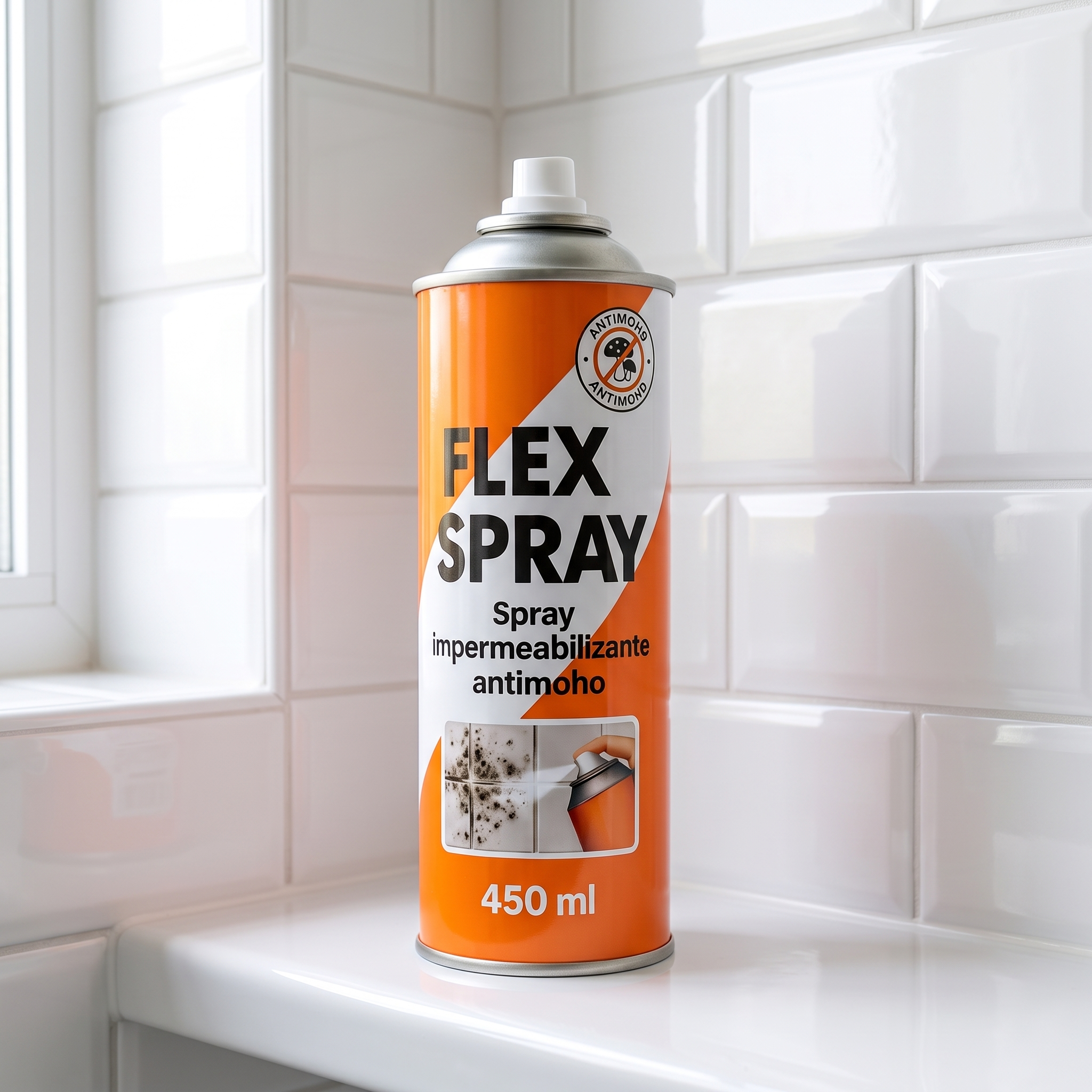 Bote de FlexSpray en la repisa del baño