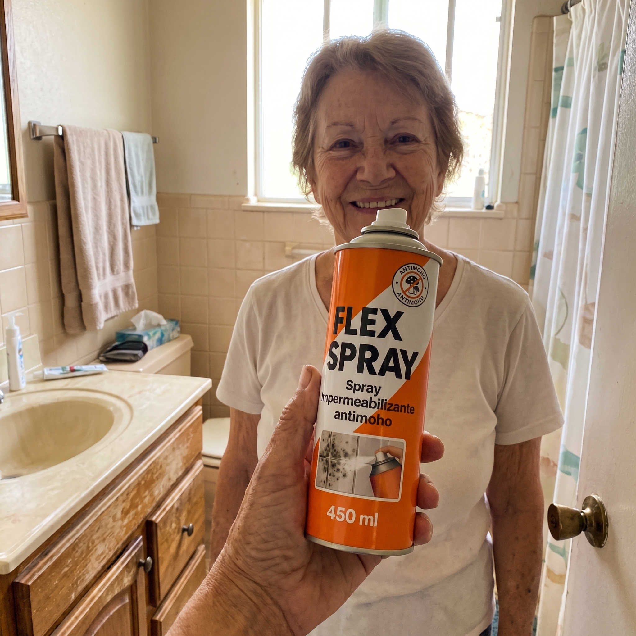 Nuria con el bote de FlexSpray en su baño