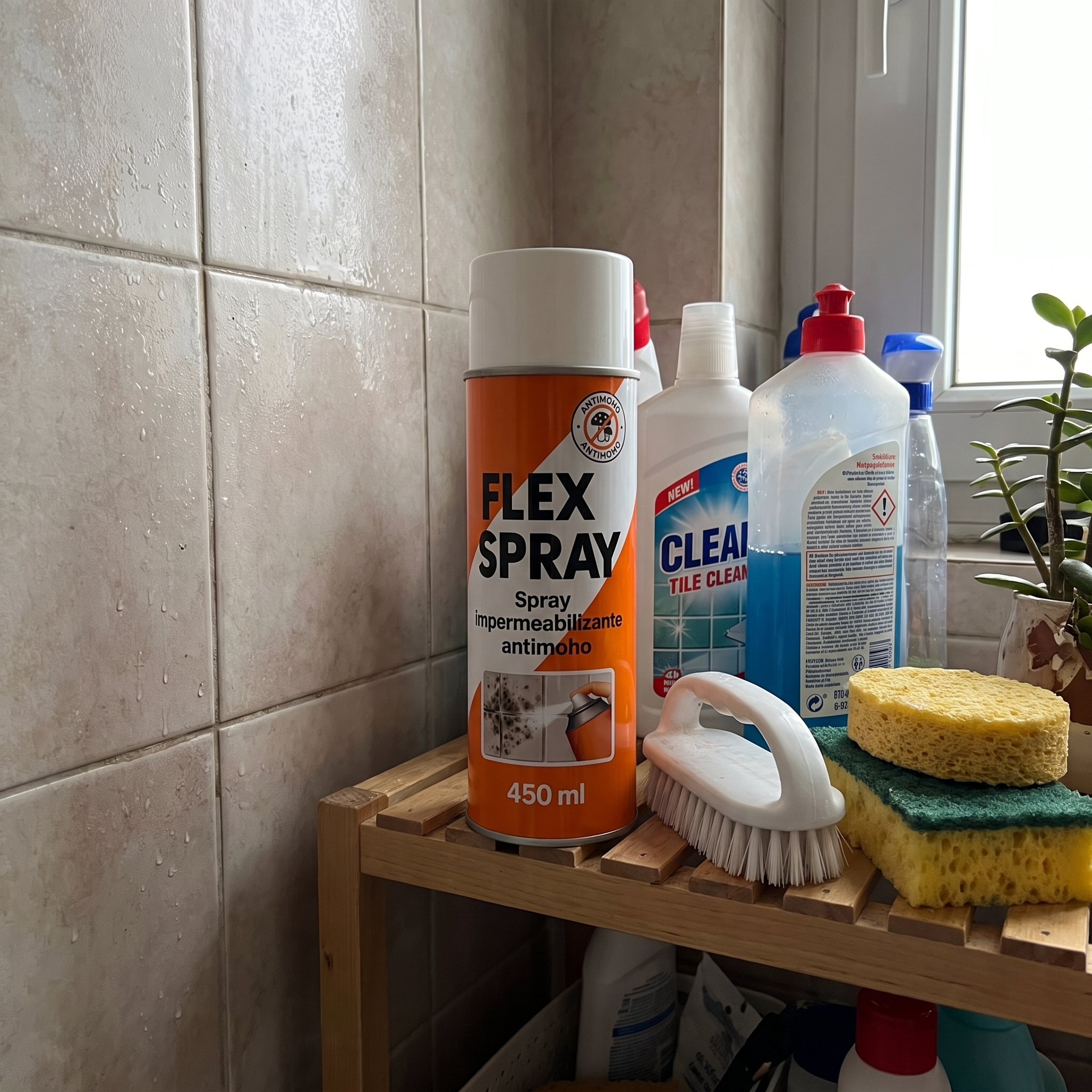 Bote de FlexSpray en el estante del baño de Roberto
