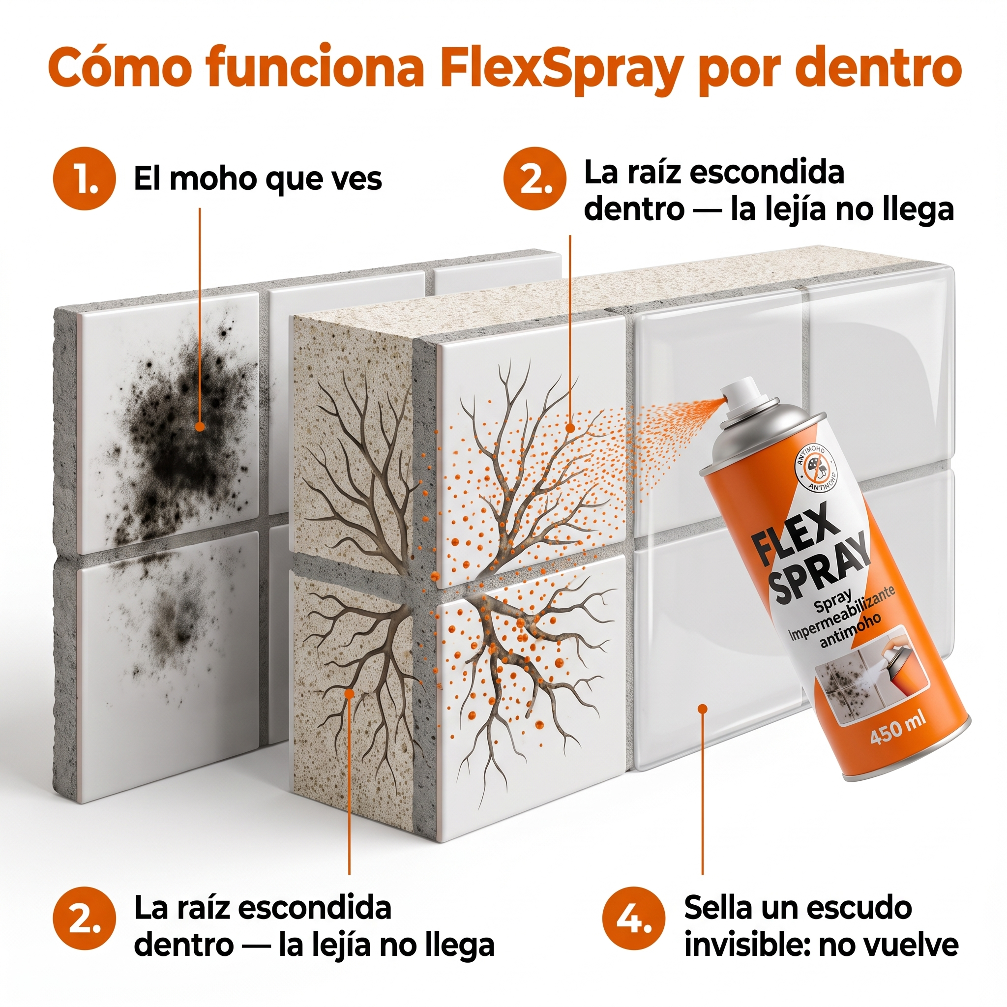 Cómo funciona FlexSpray por dentro: el moho que ves, la raíz escondida en la pared, FlexSpray penetra y mata la raíz, y sella un escudo invisible para que no vuelva