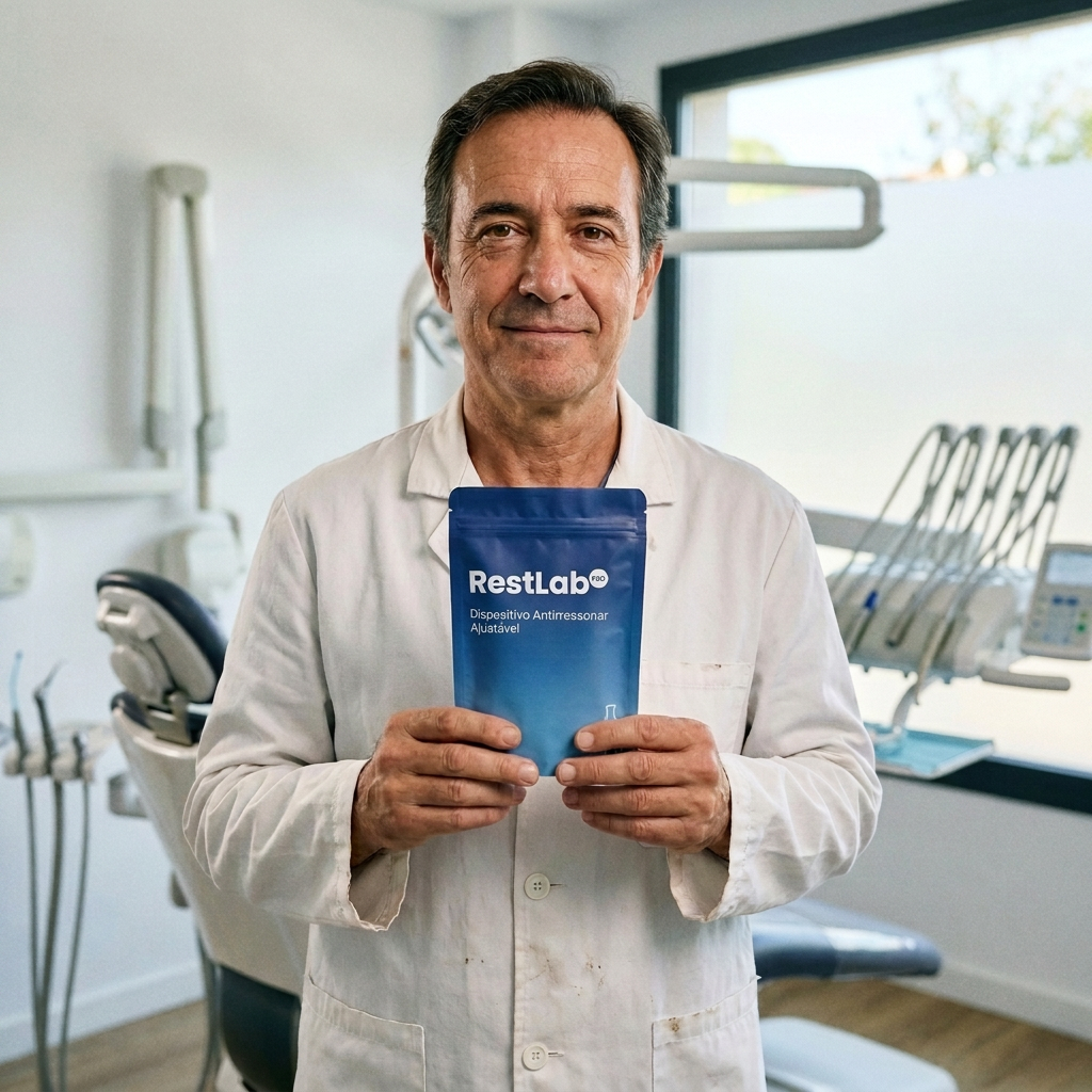 Dr. Rafael Soares, ortodontista do sono, criador do RestLab, na sua clínica a segurar o dispositivo