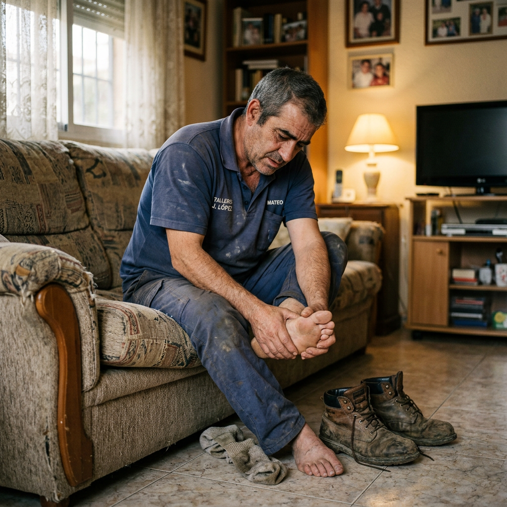 Homem exausto depois do turno a agarrar o pe no sofa