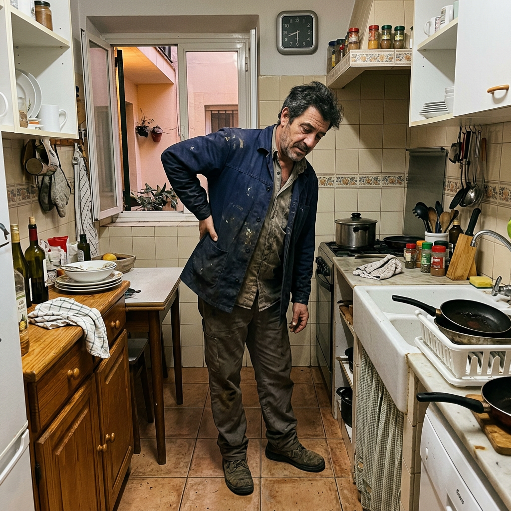 Homem com a mao na zona lombar ao fim do dia