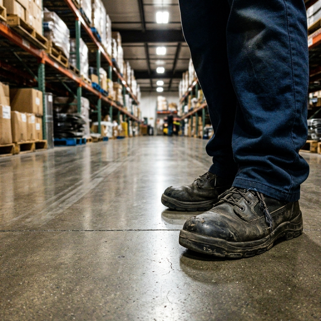 Sapatos de trabalho sobre chao de cimento polido